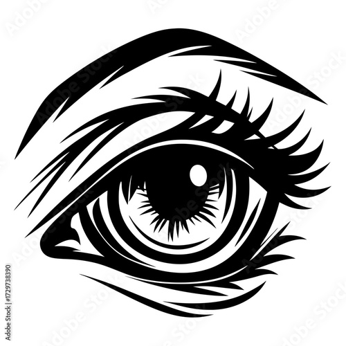 Dramatic stylized eye illustration with thick eyelashes and bold eyebrow design