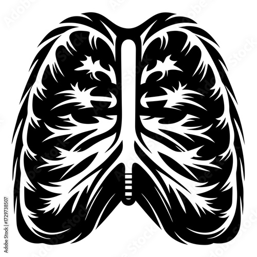 Stylized black and white illustration of human lungs with detailed structure