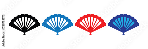 Four open folding fans in black, blue, red, and dark blue colors, isolated on transparent background