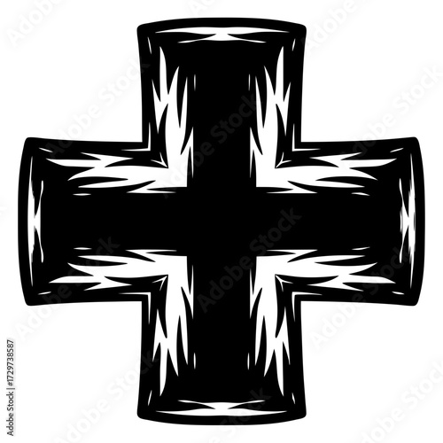 Black and white Maltese style cross emblem, jagged edges illustration art