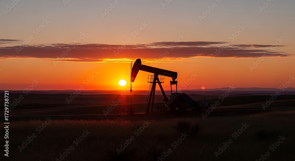 Naklejka premium Oil Pump Silhouette at Sunset Landscape.