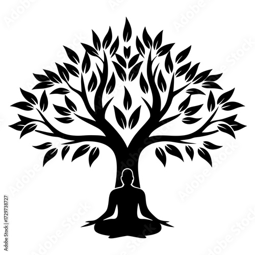 Silhouette of a meditating person under a tree symbolizing life and harmony