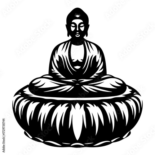Stylized silhouette illustration of a Buddha statue sitting on a lotus flower