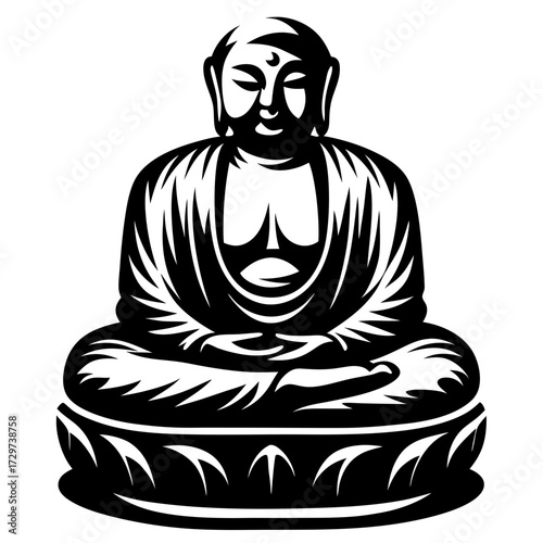 Monochrome vector illustration of a seated Buddha meditating on a lotus platform