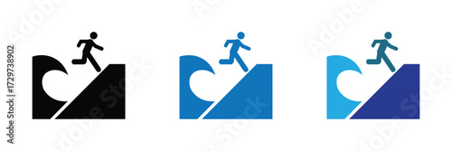 Silhouette of a person running across a wave and up a steep incline, symbolizing overcoming challenges and achieving goals isolated on transparent background