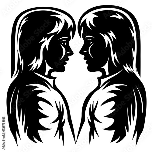Silhouette of two faces staring at each other symmetrical black and white