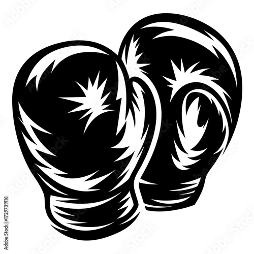 Vector drawing of black boxing gloves with white highlights on a white backdrop