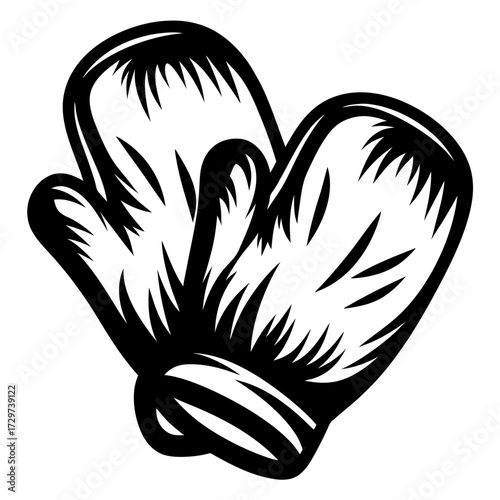 Stylized black and white graphic illustration of winter mittens perfect for vector use