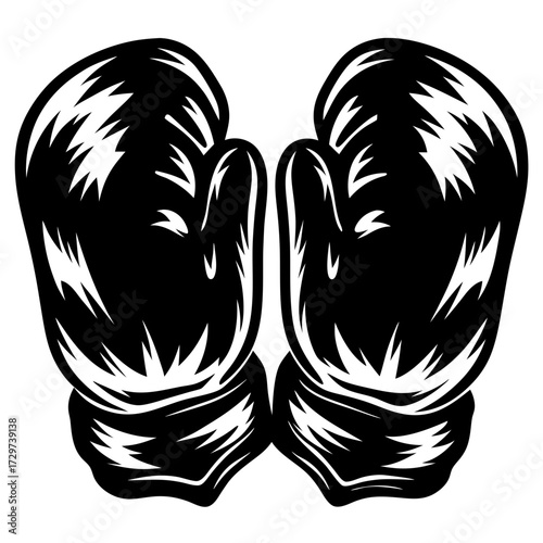 Two black boxing gloves facing each other in a vector illustration