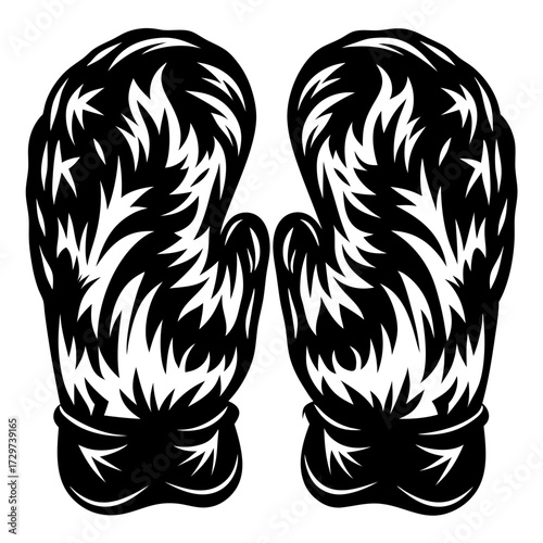 Pair of Black and White Mitten Gloves in a Stylized Design