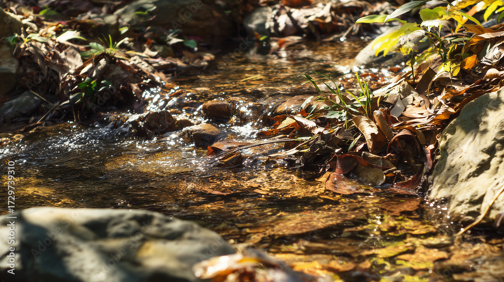 Fototapeta premium stream. Sunlit forest stream with dappled light reflecting off crystal clear water over rocks. travel magazines, destination branding, designed for travel destination branding, used by researchers.