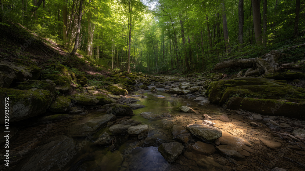 Fototapeta premium stream. Sunlit forest stream with dappled light reflecting off crystal clear water over rocks. travel magazines, destination branding, designed for travel destination branding, used by researchers.
