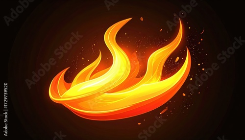 Dynamic illustration depicts a stylized flame with vibrant gradients of yellow, orange, and red, set against a deep, dark backdrop creating a striking visual effect of heat and energy with scattered.