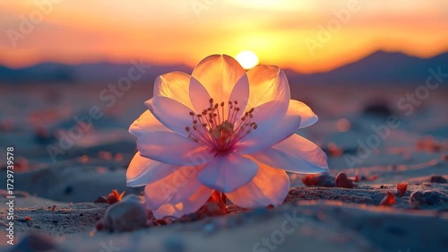 Desert Bloom: Flower at Sunset, Serene Landscape