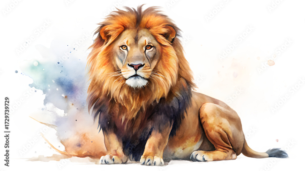 Obraz premium Watercolor painting of a majestic lion isolated on transparent background, sitting proudly
