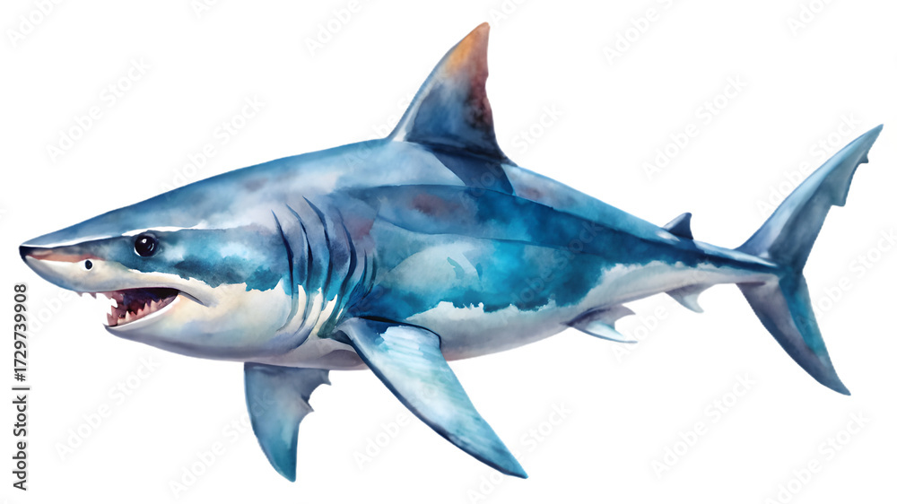 Obraz premium Watercolor shark isolated on transparent background in a fierce illustration