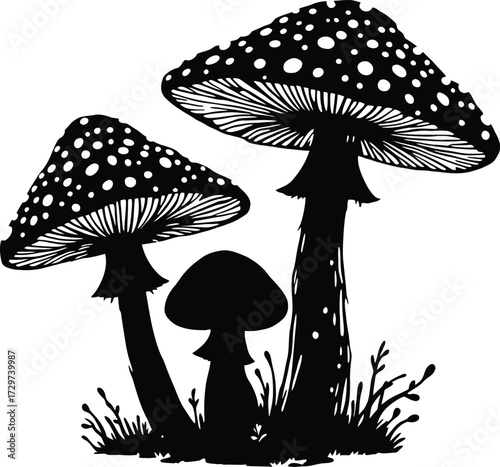 Mushroom Trio Silhouette – Black and White Vector Illustration of Spotted Caps in a Natural Grass Setting