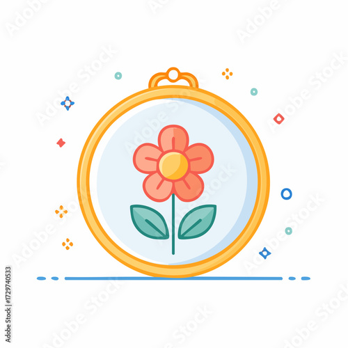 Embroidered Floral Design in Gold Hoop with Pixelated Style Illustration Isolated on White Background