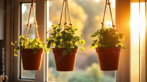 Golden Hour Sunlight Illuminates Hanging Potted Herbs by the Window