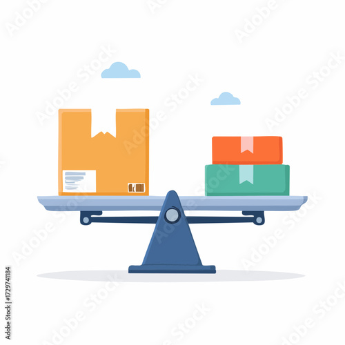 Balance Scale with Colorful Boxes Representing Weight and Comparison in Flat Design