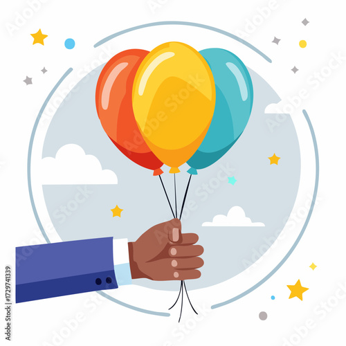 Hand Holding Colorful Balloons against a Cloudy Sky with Star Embellishments