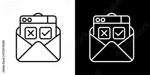 Icon of an open email envelope with a digital form displaying checkmark and cross, symbolizing online approval, rejection, or feedback