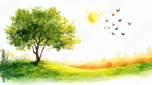 Peaceful springtime landscape with tree