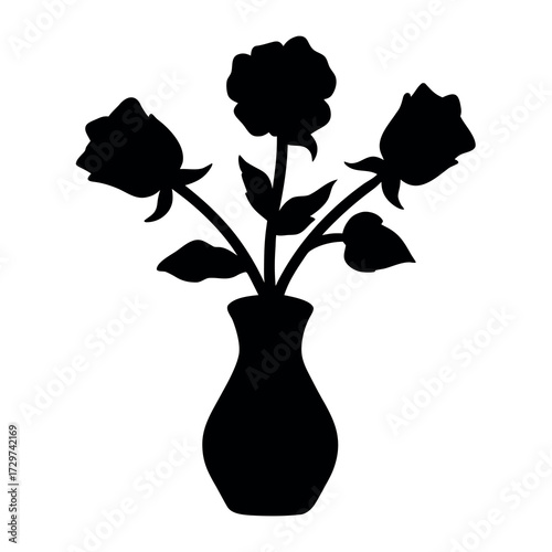 Silhouette of a bouquet of three roses in a vase