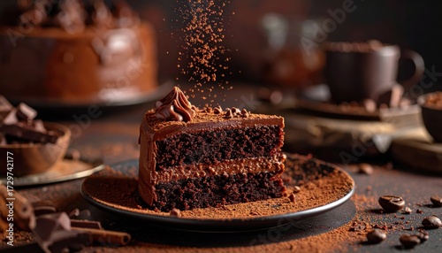Indulge in a visually rich still life depicting a decadent chocolate cake slice, showcasing layers of moist cake and creamy filling, presented on a plate with cocoa powder dusting, creating a...