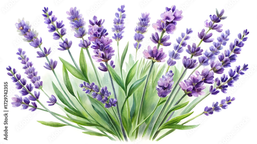 Obraz premium Watercolor painting of lavender flowers isolated on white background in bloom