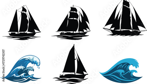Silhouette of sailboats, ocean wave vector, nautical design, sailing yacht icons, marine illustration, black ship shapes, sea travel graphic art