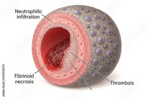 Cross-Section of Artery Showing Thrombosis, Fibrinoid Necrosis, and Neutrophilic Infiltration