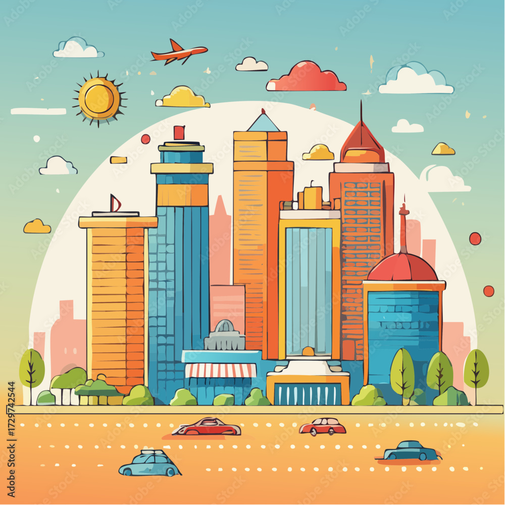 Naklejka premium Modern Cityscape Illustration A Vibrant Vector Design with Skyscrapers, Transportation, and Nature Elements