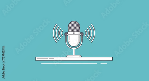 Classic studio microphone with sound waves illustration.