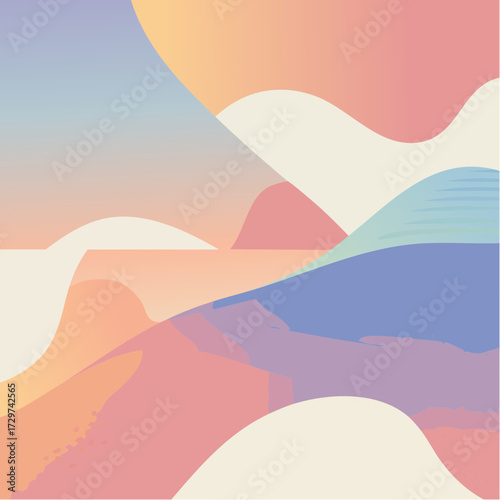 Abstract landscape with soft pastel hues and flowing shapes, evoking a sense of calm and serenity