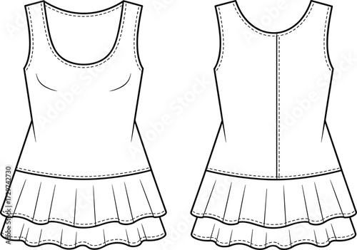 Fashion dress technical sketch, sleeveless ruffle hem dress flat sketch, vector apparel template, CAD drawing, flat fashion design illustration