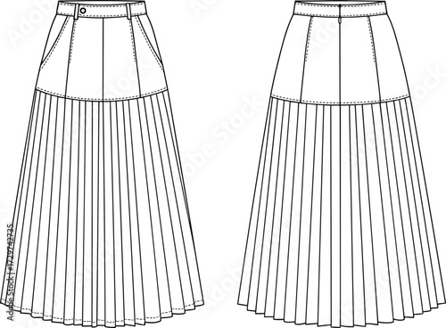 Fashion pleated midi skirt technical flat sketch with waistband and pockets, stylish women clothing design template, cad drawing flat vector illustration