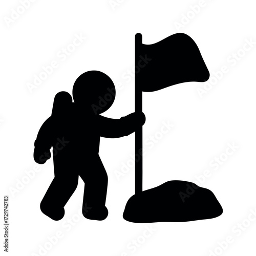 Astronaut silhouette planting a flag on an alien planet surface