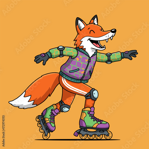 Joyful cartoon fox rollerblading in colorful gear on an orange background, smiling with eyes closed.