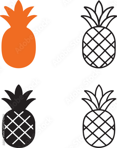 Pineapple icon set, pineapple icons solid black, pineapple outline, fruit minimal design, tropical fruit vector, thin stroke outline, editable pineapple food icons, professional fruit symbol pack