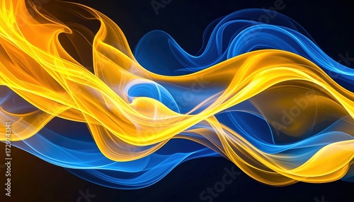 Illustrative abstract artwork presents fluid, flowing, luminous ribbons of vibrant yellow and cerulean blue tones, gracefully dancing across a dark, contrasting background, creating dynamic forms and.