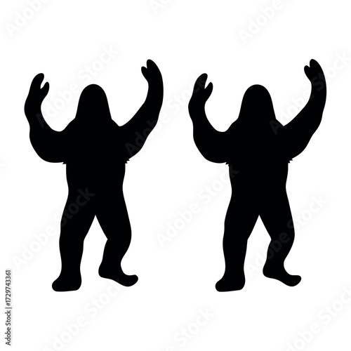 Two silhouetted bigfoot figures with arms raised in a mysterious stance