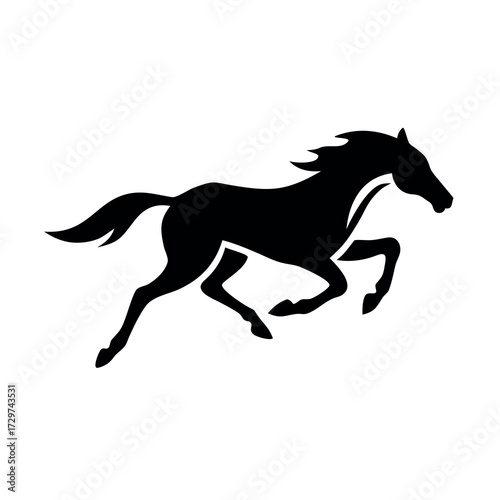 Silhouette of a powerful black horse galloping with its mane and tail flowing