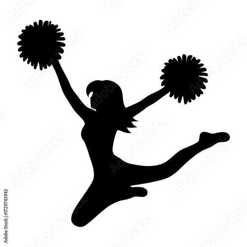 Silhouette of a cheerleader in mid air holding pom poms