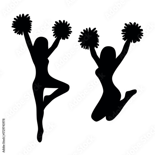 Dynamic silhouettes of two cheerleaders performing with pom poms