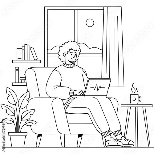 Cozy Home Office Illustration Person Working on Laptop in Comfortable Chair by Window