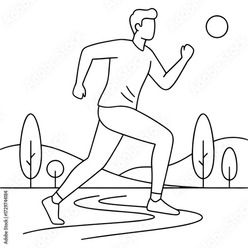 Line art illustration of a fit man running in a park with trees and a path
