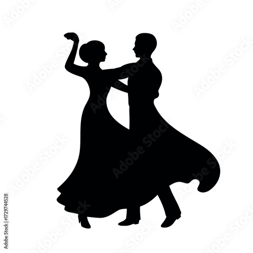 Elegant silhouette of a couple dancing ballroom waltz in formal attire