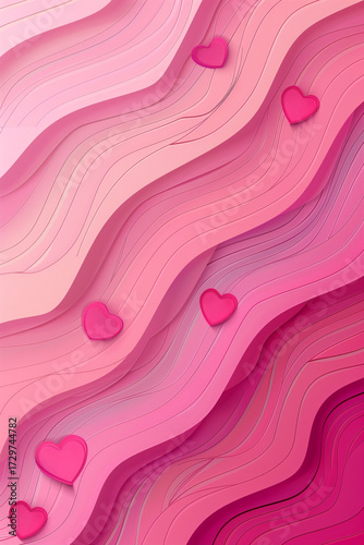 An abstract valentine's day card design with delicate paper-cut hearts on flowing pink waves, symbolizing love and romance. Ideal for greeting cards or digital invitations.