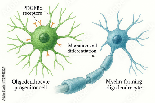 Scientific illustration showing the transition of an oligodendrocyte progenitor cell to a myelin-forming oligodendrocyte, highlighting PDGFRA receptors and the process of migration and differentiation